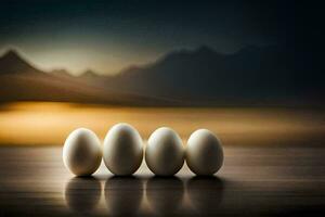 fünf Eier sind Sitzung auf ein Tabelle im Vorderseite von ein Berg. KI-generiert foto