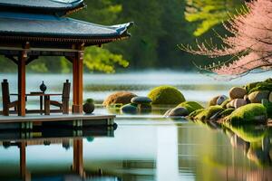 ein japanisch Garten mit ein Pavillon und Kirsche blüht. KI-generiert foto