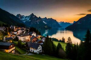 ein Stadt, Dorf sitzt auf das Kante von ein See und Berge. KI-generiert foto