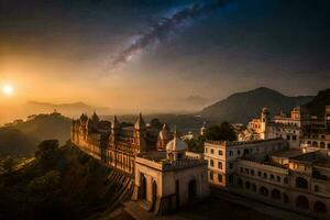 das Sonne setzt Über das Stadt von Udaipur, Indien. KI-generiert foto