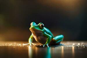 ein Frosch Sitzung auf das Boden mit Wasser Tröpfchen. KI-generiert foto