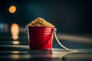 ein rot Eimer gefüllt mit Sand Sitzung auf ein Tisch. KI-generiert foto