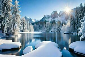 Schnee bedeckt Bäume und Berge sind reflektiert im ein See. KI-generiert foto