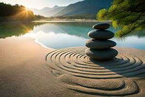 Zen Felsen im das Sand durch das See. KI-generiert foto