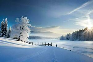 ein schneebedeckt Landschaft mit ein Zaun und Bäume. KI-generiert foto