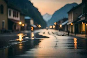 ein nass Straße im das Mitte von ein Stadt, Dorf beim Dämmerung. KI-generiert foto