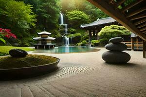 ein japanisch Garten mit ein Wasserfall und Felsen. KI-generiert foto