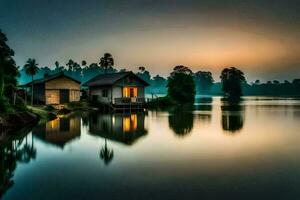 ein Haus auf das Wasser beim Sonnenaufgang. KI-generiert foto