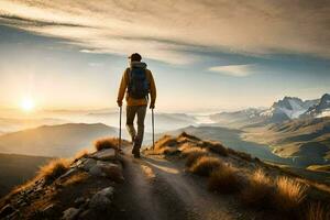 ein Mann mit Wanderung Stangen Stehen auf ein Berg oben beim Sonnenaufgang. KI-generiert foto