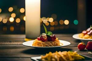 Spaghetti und Erdbeeren auf ein Teller mit Kerzen. KI-generiert foto