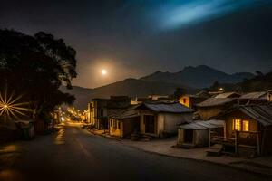 ein Dorf beim Nacht mit ein voll Mond. KI-generiert foto