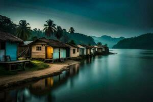 Häuser auf das Ufer von ein Fluss beim Nacht. KI-generiert foto