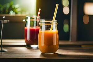 zwei Brille von Orange Saft auf ein hölzern Tisch. KI-generiert foto