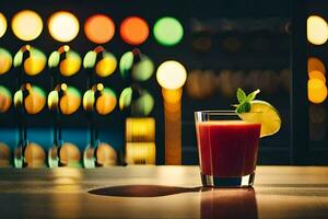 ein Glas von rot Saft sitzt auf ein Tabelle im Vorderseite von ein bunt Hintergrund. KI-generiert foto