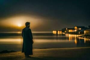 ein Mann Stehen auf das Strand beim Nacht mit das Mond im das Hintergrund. KI-generiert foto