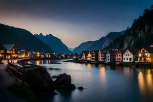 ein Fluss läuft durch ein Stadt, Dorf beim Nacht. KI-generiert foto