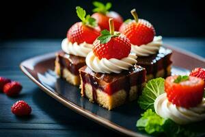 ein Teller mit Dessert und Erdbeeren. KI-generiert foto