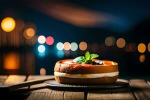 ein Kuchen auf ein hölzern Tabelle mit ein Licht Hintergrund. KI-generiert foto