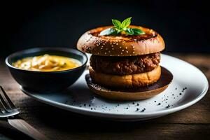 ein Hamburger auf ein Teller mit Senf und ein Gabel. KI-generiert foto