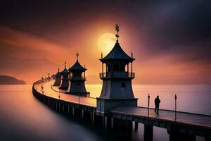 ein Seebrücke mit ein Leuchtturm beim Sonnenuntergang. KI-generiert foto