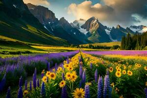 das Blumen von das Wiese, das Berge, und das Sonnenblume Feld. KI-generiert foto