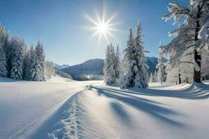 Schnee bedeckt Bäume und das Sonne leuchtenden im das Himmel. KI-generiert foto