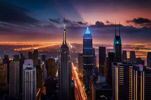 das Stadt Horizont beim Nacht mit Beleuchtung leuchtenden. KI-generiert foto