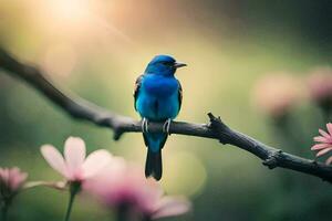 ein Blau Vogel sitzt auf ein Ast mit Rosa Blumen. KI-generiert foto