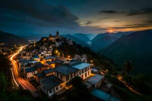 ein Dorf im das Berge beim Nacht. KI-generiert foto