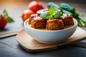 Hähnchen Fleischklößchen im ein Soße mit Tomaten und Basilikum. KI-generiert foto