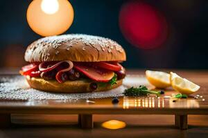 ein Hamburger mit Fleisch und Gemüse auf ein hölzern Tablett. KI-generiert foto