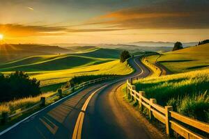 ein Straße Wicklung durch das Landschaft beim Sonnenuntergang. KI-generiert foto