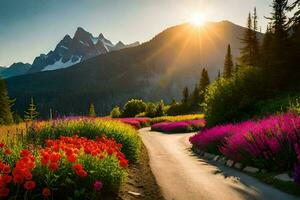 das Sonne scheint auf ein Straße im Vorderseite von ein Feld von Blumen. KI-generiert foto