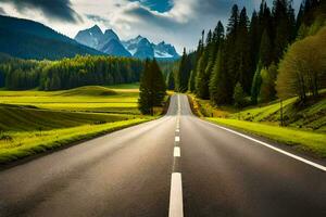 ein lange Straße mit Bäume und Berge im das Hintergrund. KI-generiert foto