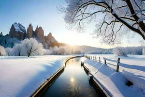 ein Fluss läuft durch ein schneebedeckt Feld mit Bäume. KI-generiert foto