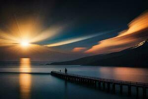 ein Mann steht auf ein Seebrücke beim Sonnenuntergang mit das Sonne leuchtenden. KI-generiert foto