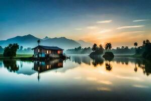 ein Haus auf das Wasser beim Sonnenaufgang mit Berge im das Hintergrund. KI-generiert foto