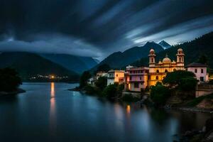 ein Kirche sitzt auf das Ufer von ein See beim Nacht. KI-generiert foto