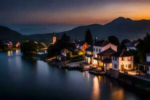 Foto Hintergrund das Himmel, Wasser, Berge, Häuser, See, Sonnenuntergang, das Stadt, See. KI-generiert