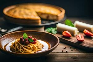 Spaghetti mit Tomate Soße und Käse auf ein hölzern Tisch. KI-generiert foto