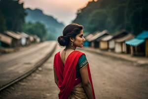ein Frau im ein rot Sari steht auf ein Zug Schiene. KI-generiert foto