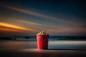 ein rot Eimer gefüllt mit Erdnüsse auf das Strand beim Sonnenuntergang. KI-generiert foto