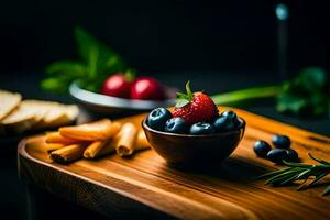 das Essen ist serviert auf ein hölzern Schneiden Tafel. KI-generiert foto