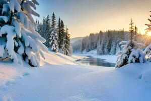 Foto Hintergrund das Himmel, Schnee, Bäume, Fluss, Sonne, Bäume, Fluss, Winter,. KI-generiert