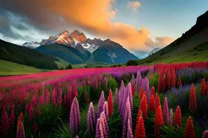 das Blumen von das alpin Wiese. KI-generiert foto