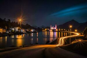 ein lange Exposition Foto von ein Brücke und ein Kirche beim Nacht. KI-generiert