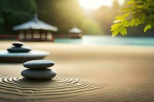 Zen Garten mit Steine und Wasser im das Hintergrund. KI-generiert foto