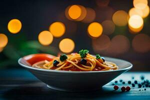 Spaghetti im ein Schüssel mit Tomate Soße und Gemüse. KI-generiert foto