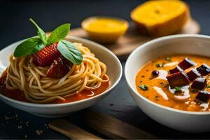 zwei Schalen von Spaghetti und Tomate Soße auf ein Tisch. KI-generiert foto