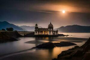 das Mond steigt an Über ein Tempel im Indien. KI-generiert foto